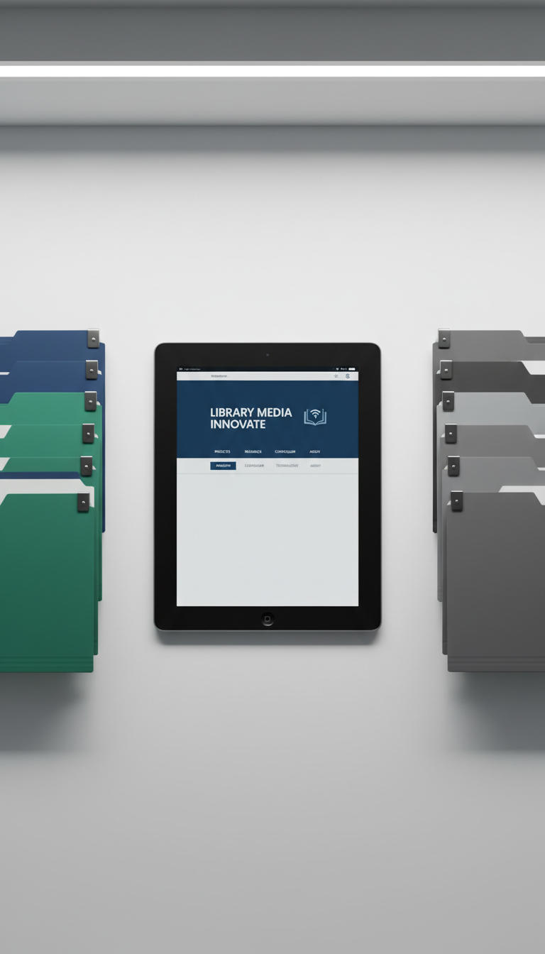 A sleek, matte-black digital tablet displaying a sophisticated portfolio homepage design for a library media program. The device sits perfectly centered on a crisp, white, uncluttered modern desk, surrounded by neat stacks of color-coded file folders with metallic corners. Subtle overhead LED lighting casts a soft, even illumination, creating controlled, minimal shadows beneath the tablet and folders. The mood is efficient, purposeful, and forward-thinking. An elevated angle ensures all elements are cleanly visible, with sharp focus throughout. The visual style upholds a photographic, clean, and structured look, perfectly aligning with the professionalism and modernity of a portfolio site in the educational field.