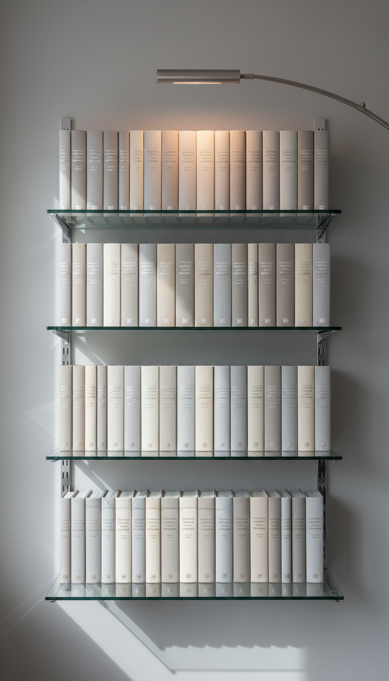 A meticulously organized, gleaming glass bookshelf filled with hardcover books in soft neutral dust jackets, each title elegantly embossed in subtle metallic type. The shelving features clean chrome brackets and rests against a light grey wall, with a brushed steel reading lamp gently arching overhead. Soft diffused daylight streams in from an unseen window, creating gentle highlights across the glass surfaces and casting refined, structured shadows on the wall. The overall mood is calm, studious, and highly professional. Captured at an eye-level perspective with a deep depth of field, the composition is balanced and symmetrical, reinforcing a sense of precision and order. The photographic realism, corporate aesthetic, and muted palette enhance the site's polished, educational theme.